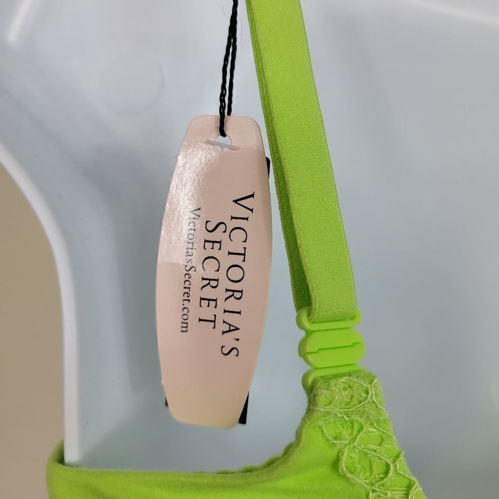 NWT Victoria’s Secret Push Up Lace Bra – Neon Green Blue Bow 32D - Picture 8 of 11